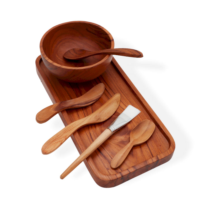 Handgefertigtes Teakholz Spa-Set mit Schüssel und Werkzeugen für Tonerdemasken und Wachs-Haarentfernung, langlebig, Indonesien, Ancient Wisdom