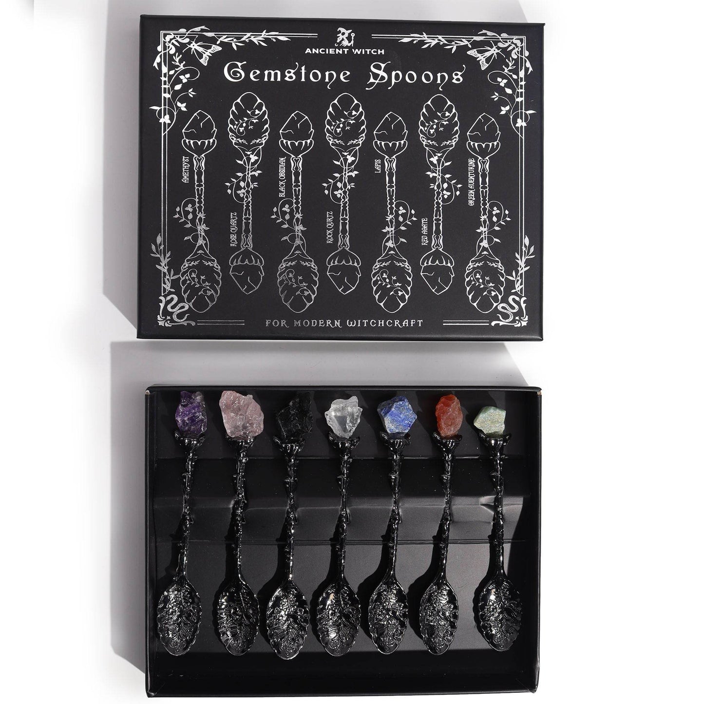 Set mit 7 Edelstein Hexenlöffeln -Silber-Finish - Löffel - Hauttempel