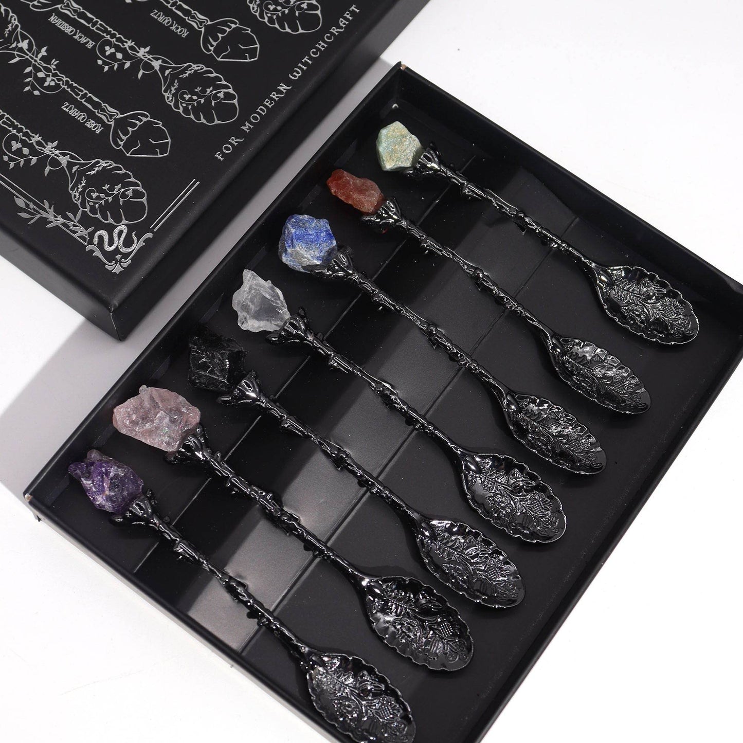 Set mit 7 Edelstein Hexenlöffeln -Silber-Finish - Löffel - Hauttempel