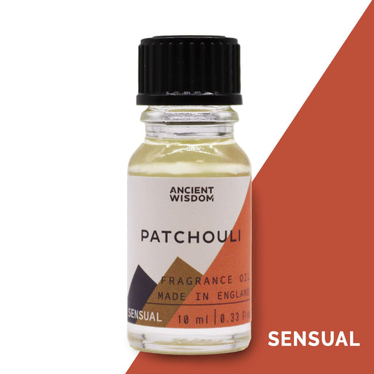 Raumduftöl Patchouli – Flasche mit dunkelroter Duftfarb-Kachel