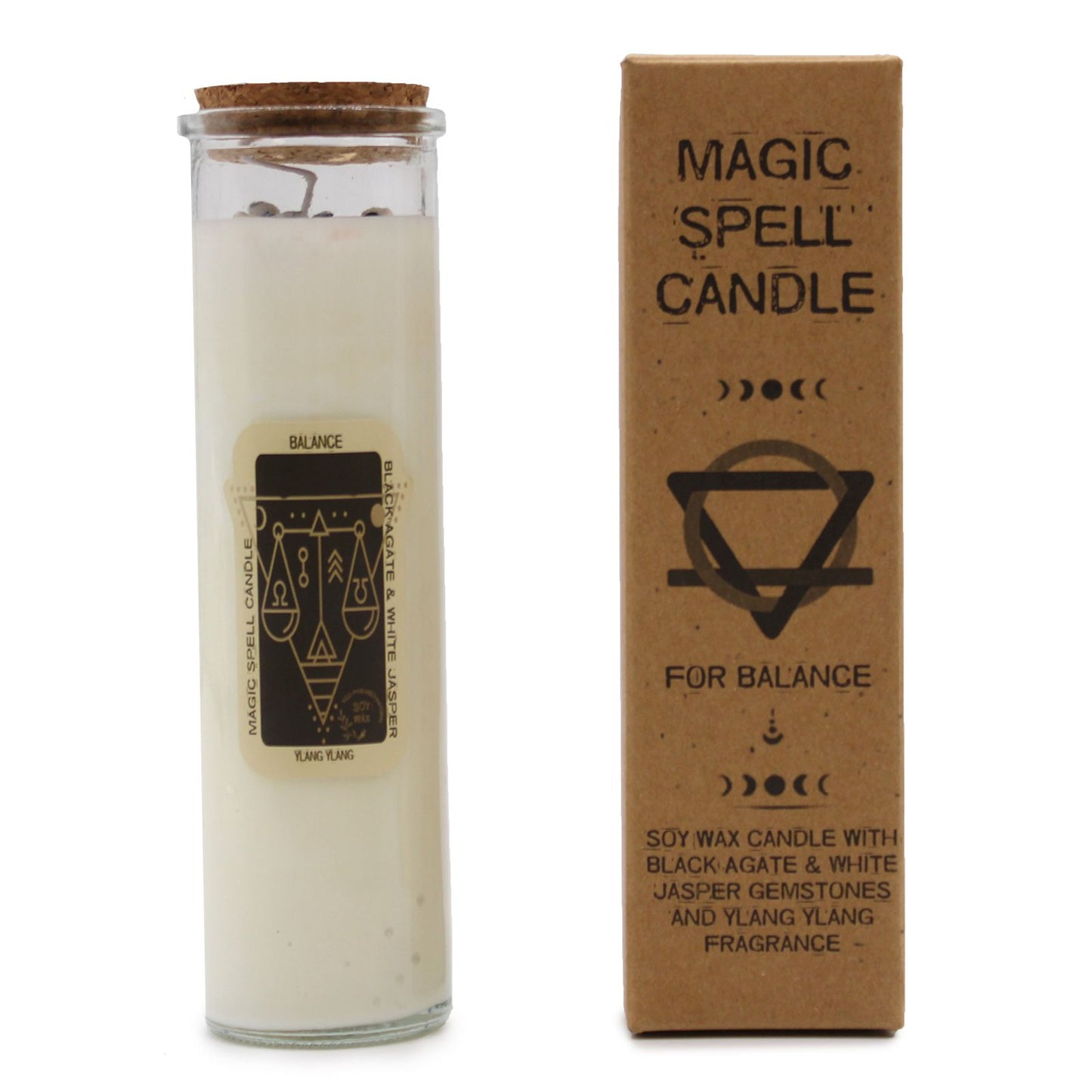 Wunschkerze Balance mit Achat, Jaspis und Ylang-Ylang – Produkt und Verpackung, Frontansicht