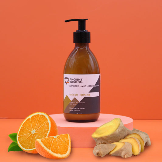 Hand- & Body Lotion Ingwer und Orange – auf Podest mit Orangen und Ingwer arrangiert