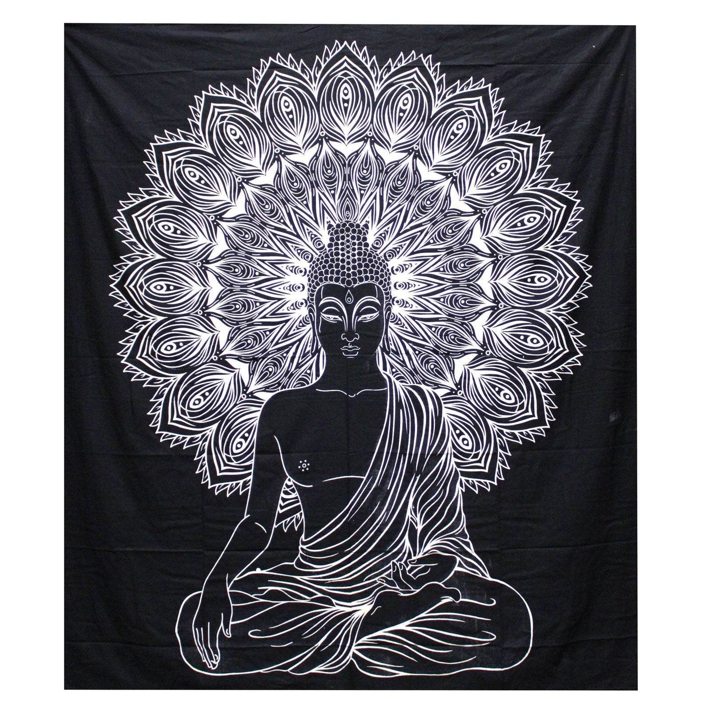 Buddha Black & White Tagesdecke + Wandbehang Baumwolle - Black and White Double Cotton Bedspread - Hauttempel