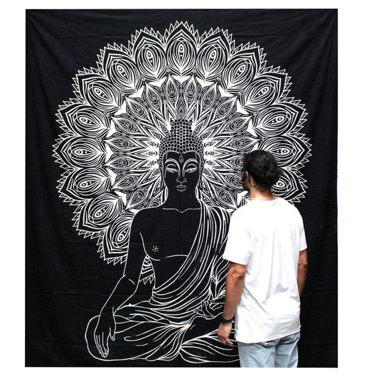 Buddha Black & White Tagesdecke + Wandbehang Baumwolle - Black and White Double Cotton Bedspread - Hauttempel