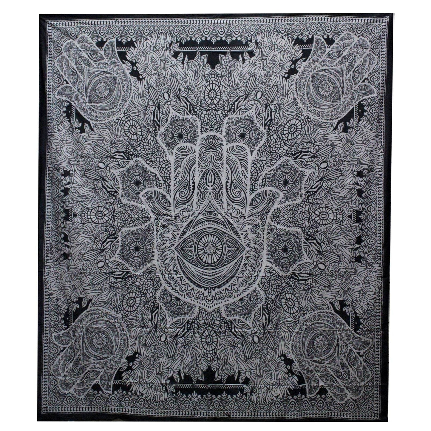 Hamsa Hand Black & White Tagesdecke + Wandbehang Baumwolle - Black and White Double Cotton Bedspread - Hauttempel