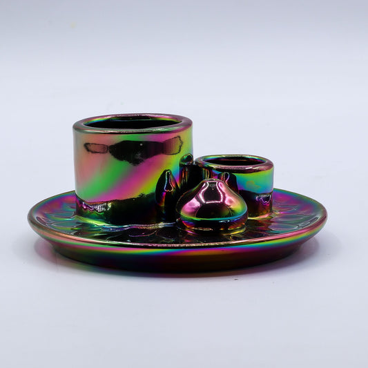 3in1 Keramik-Halter für Räucherstäbchen, Kegel, Bündel & Palo Santo - Metallic Rainbow