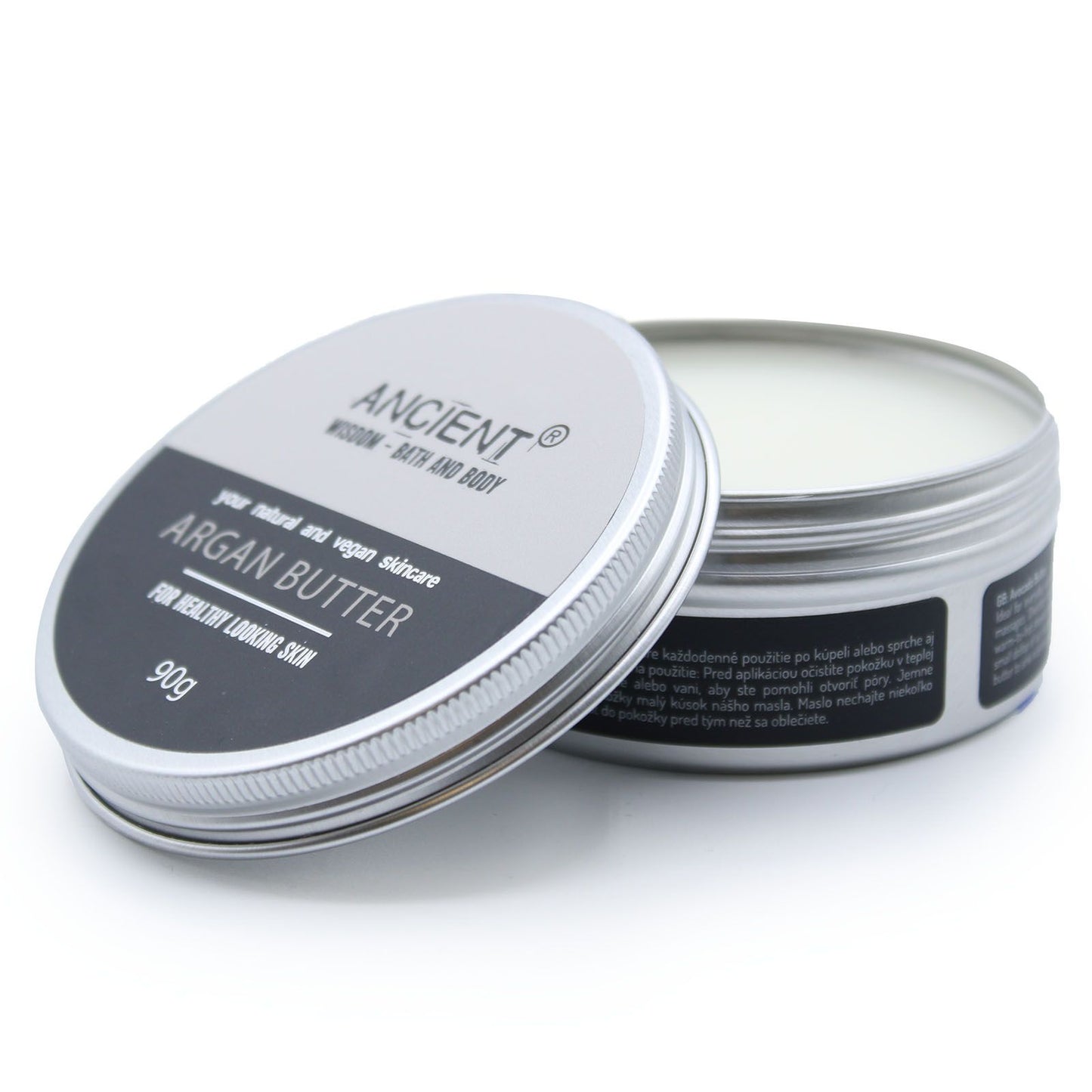 Körperbutter Argan – Dose mit halb geöffnetem Deckel, Inhalt sichtbar, Freisteller