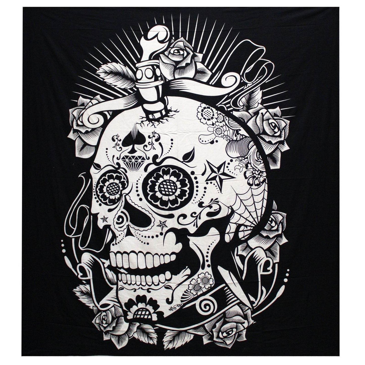 Rose Skull Black & White Tagesdecke + Wandbehang Baumwolle - Black and White Double Cotton Bedspread - Hauttempel