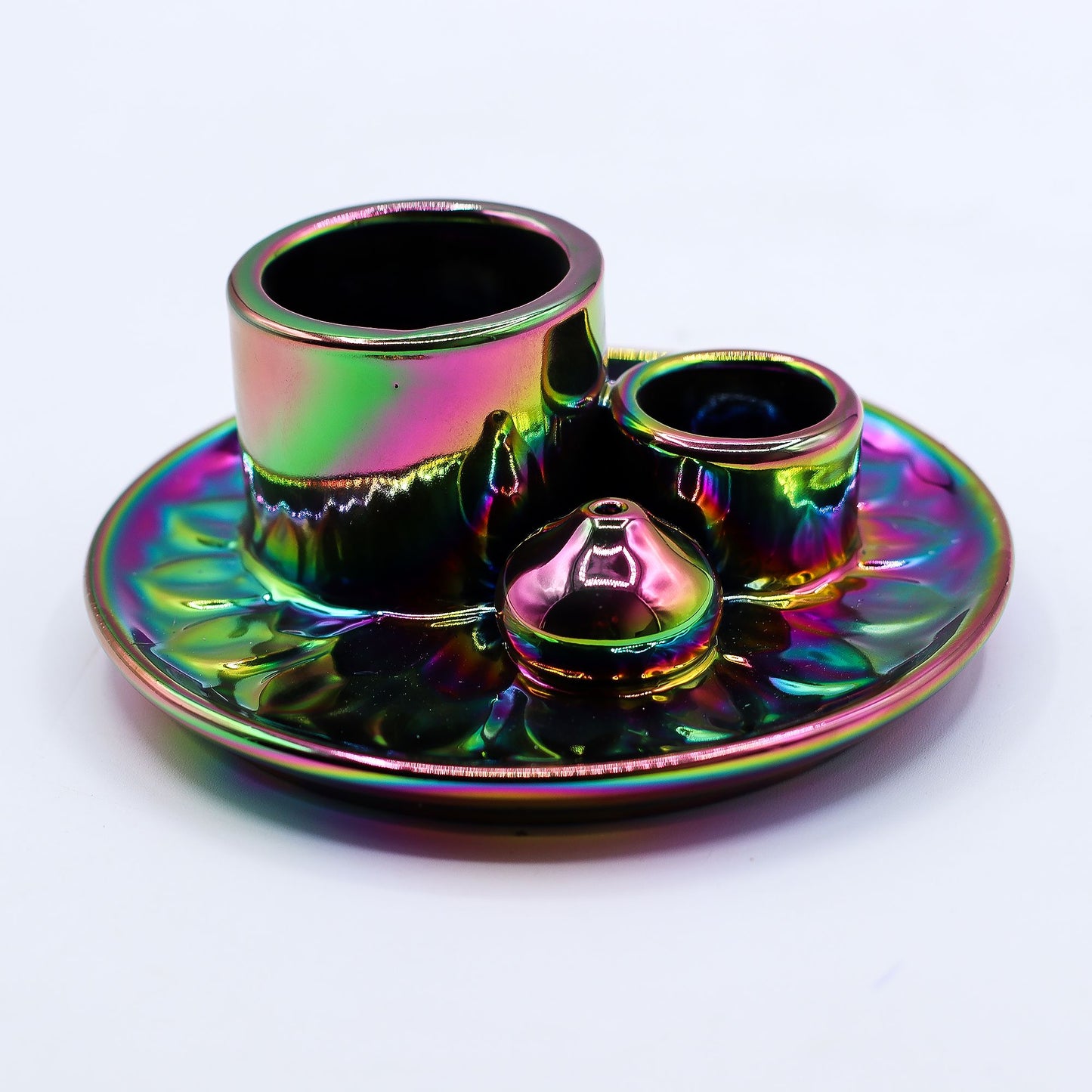 3in1 Keramik-Halter für Räucherstäbchen, Kegel, Bündel & Palo Santo - Metallic Rainbow