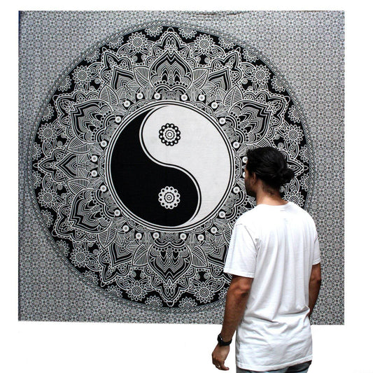Ying Yang Black & White Tagesdecke + Wandbehang Baumwolle - Black and White Double Cotton Bedspread - Hauttempel