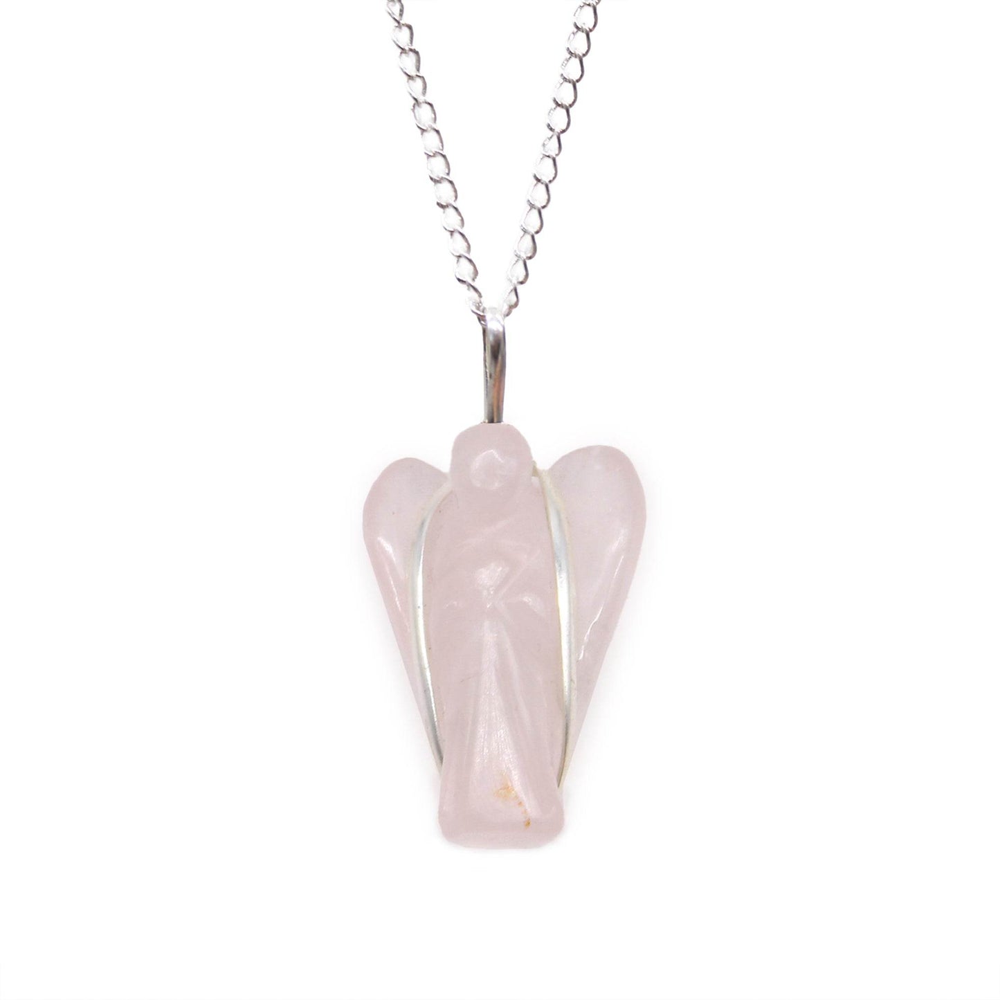 Indische Edelsteinkette Schutzengel aus Rosenquarz – rosa Engelsfigur, Freisteller