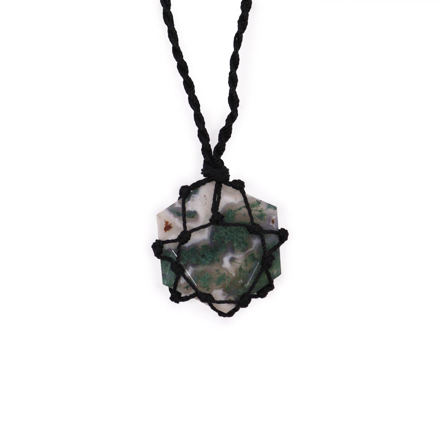 Halskette Geschnürter Edelsteinanhänger - Hexagon - Moosachat - Edelsteinkette - Hauttempel