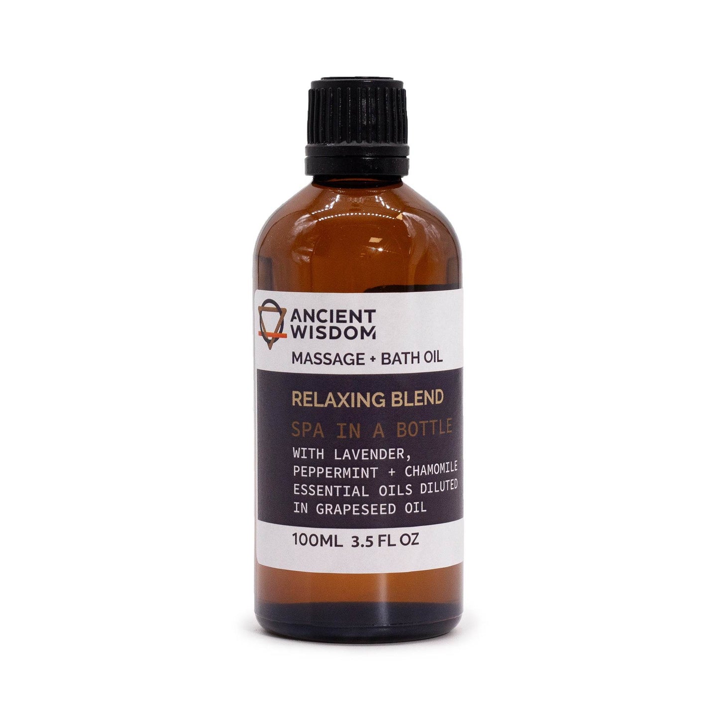 Massage- und Badeöl Relaxing Blend – dunkle Glasflasche frontal, Freisteller