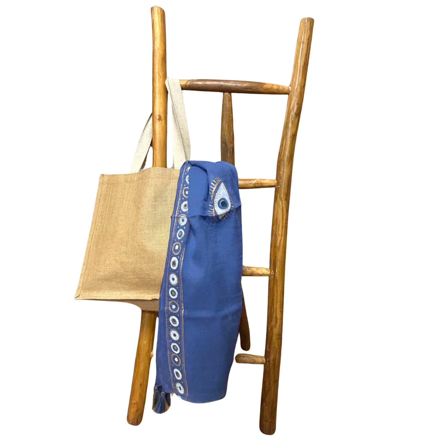 NOMAD SARI ON THE MED - Pareo/Sarong/Schal/Wickeltuch – ca. 180 x 110 cm - handbemalt Evil Eye (Böser Blick)blau-gold