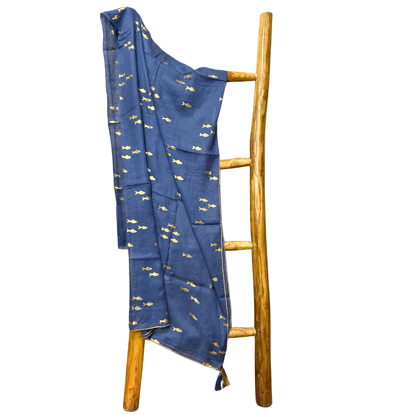 NOMAD SARI ON THE MED - Pareo/Sarong/Schal/Wickeltuch – ca. 180 x 110 cm - handbemalt Goldfisch blau-gold