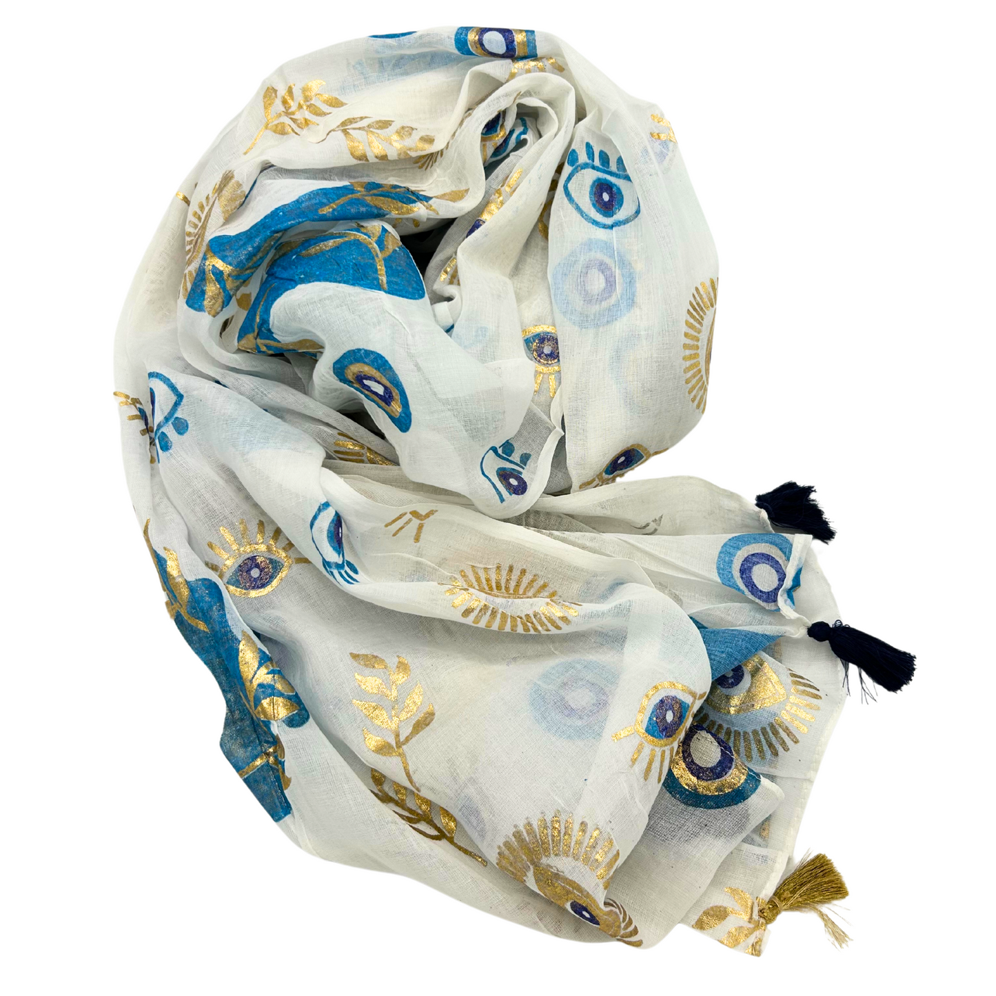 NOMAD SARI ON THE MED - Pareo/Sarong/Schal/Wickeltuch – ca. 180 x 110 cm - handbemalt Evil Eye (Böser Blick) weiß-blau-gold