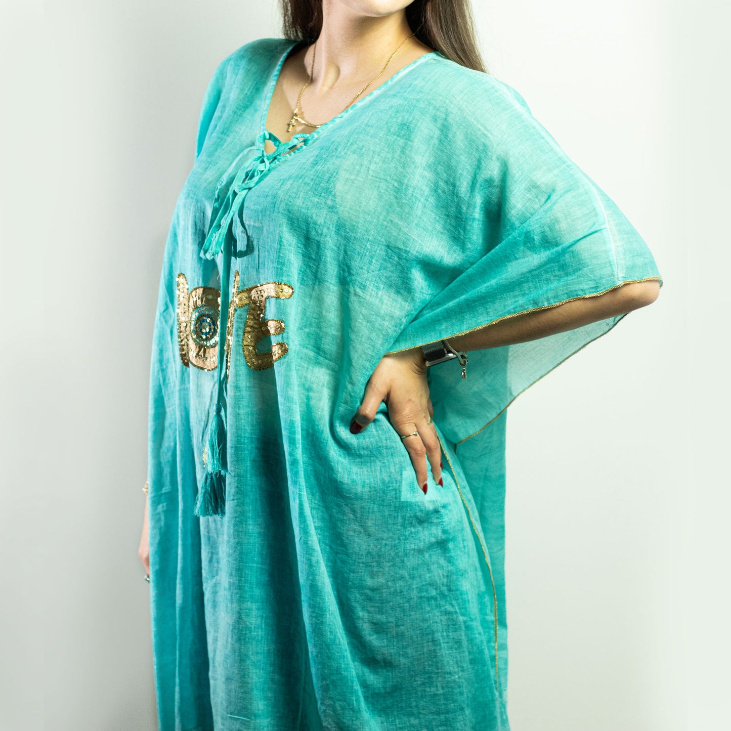 NOMAD SARI ON THE MED - Tunika/Kaftan – Einheitsgröße - handbemalt - LOVE türkis-gold