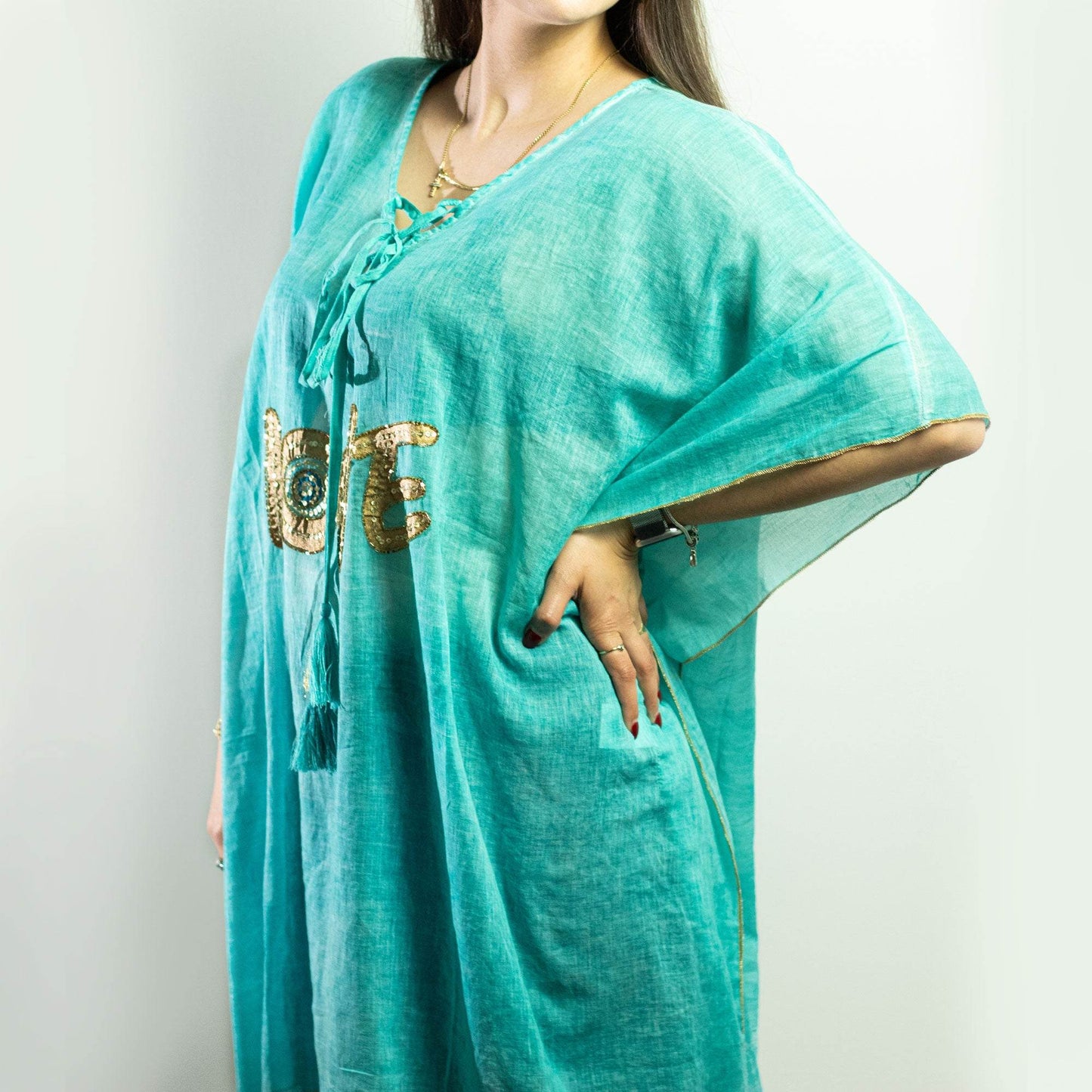 NOMAD SARI ON THE MED - Tunika/Kaftan – Einheitsgröße - handbemalt - LOVE türkis-gold - Tunika - Hauttempel