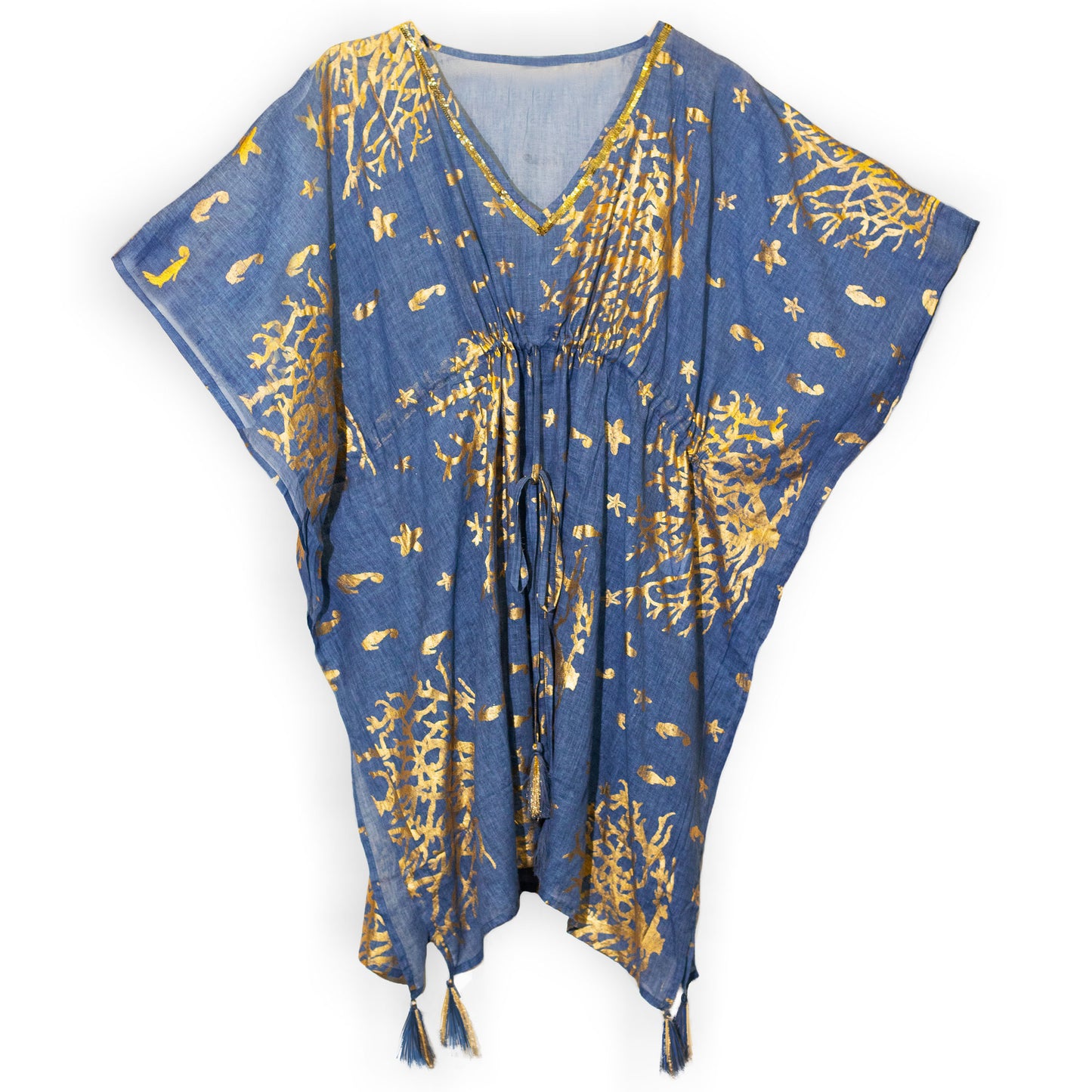 NOMAD SARI ON THE MED - Tunika/Kaftan – Einheitsgröße - handbemalt - Korallen blau gold