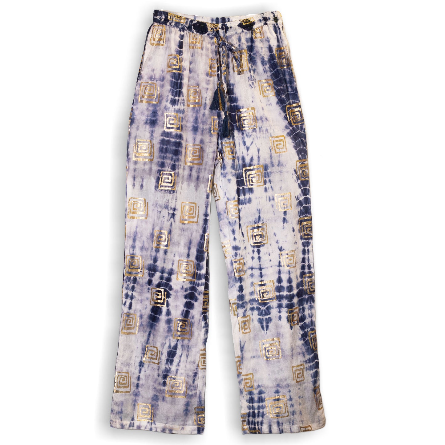 NOMAD SARI ON THE MED - Lounge-Hose - Griechisches Motiv in Gold und Blau – handbemalt M/L