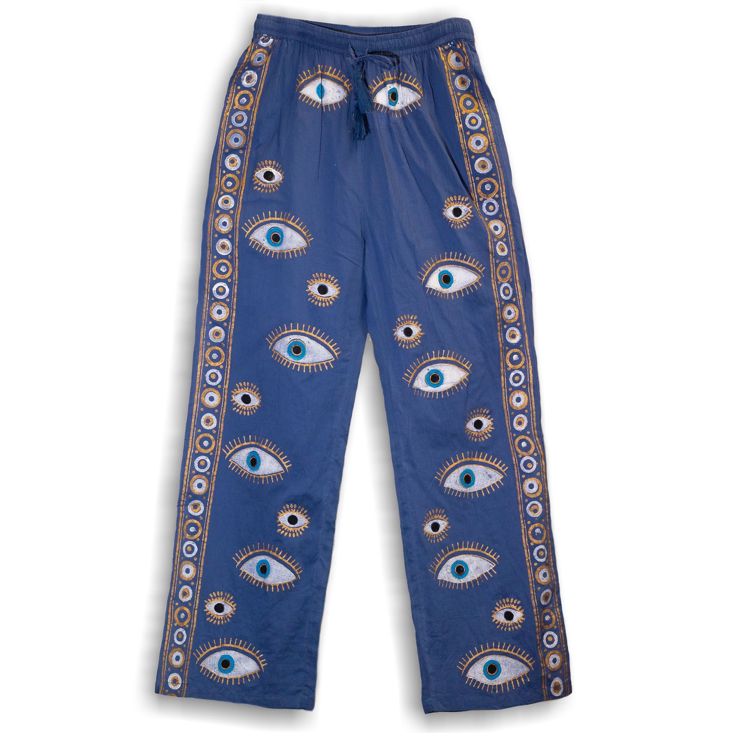 NOMAD SARI ON THE MED - Lounge-Hose - Evil-Eye Motiv in Gold und Blau – handbemalt L/XL