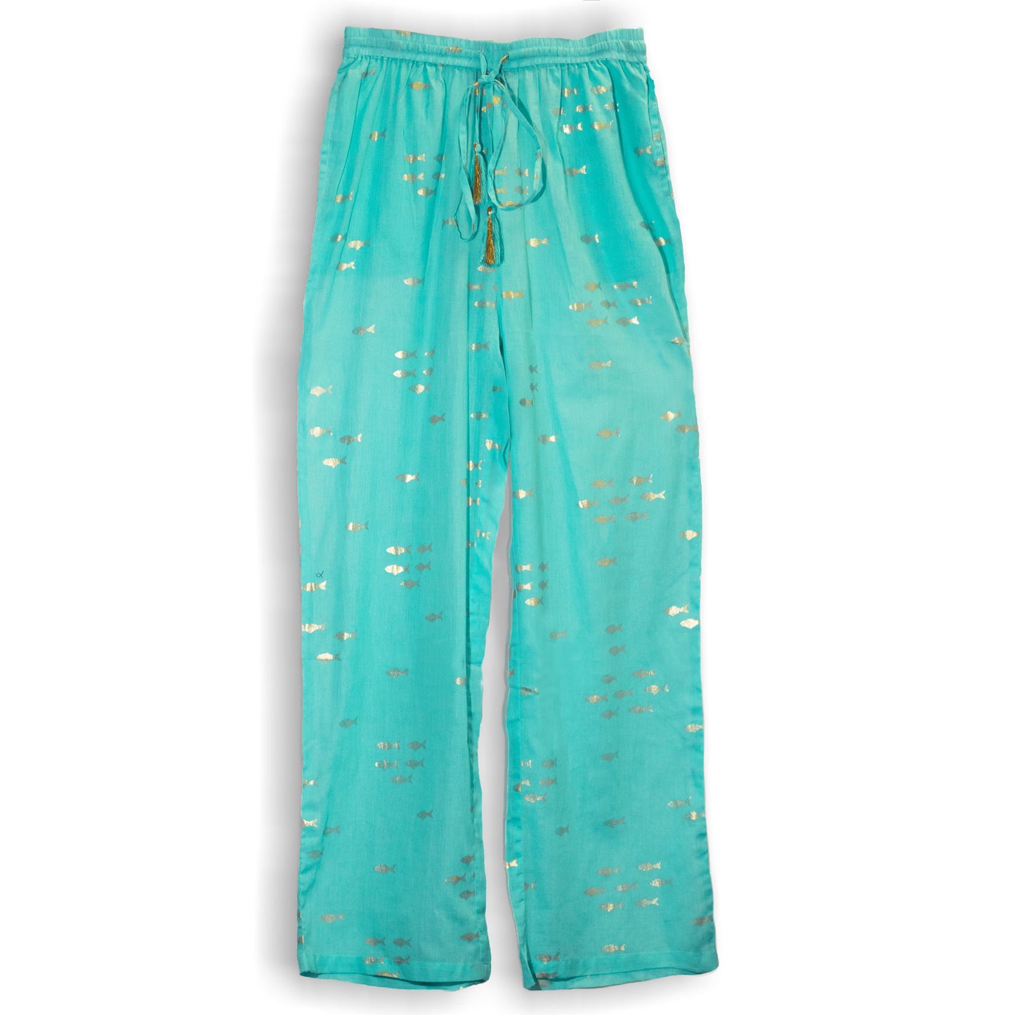 NOMAD SARI ON THE MED - Lounge-Hose - Goldfisch Motiv in Gold und Türkis – handbemalt M/L