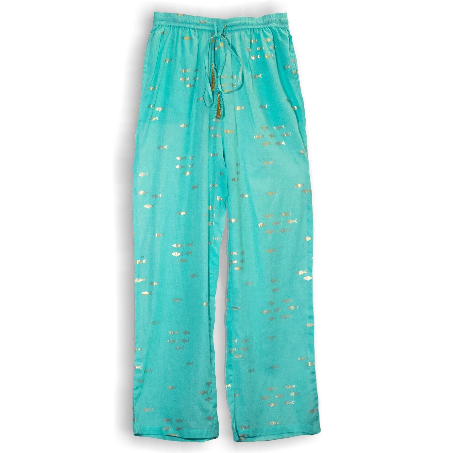 NOMAD SARI ON THE MED - Lounge-Hose - Goldfisch Motiv in Gold und Türkis – handbemalt M/L - Hosen - Hauttempel