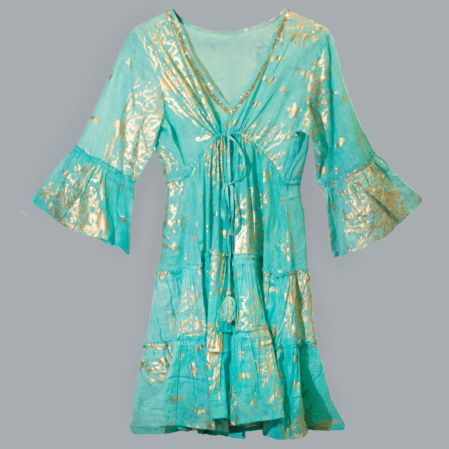 NOMAD SARI ON THE MED - Kleid in Türkis und Gold – Korallen Motiv - handbemalt M/L