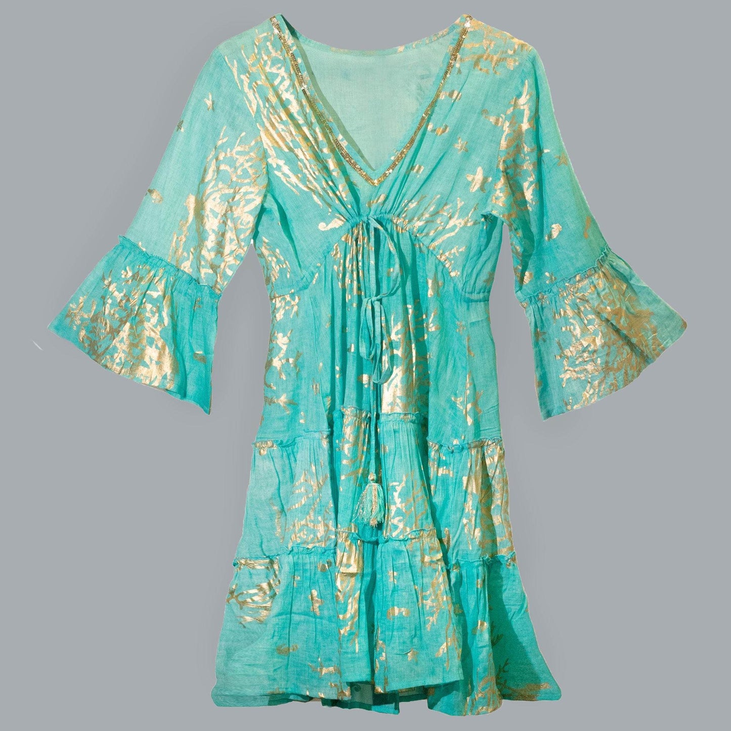 NOMAD SARI ON THE MED - Kleid in Türkis und Gold – Korallen Motiv - handbemalt L/XL - Kleid - Hauttempel