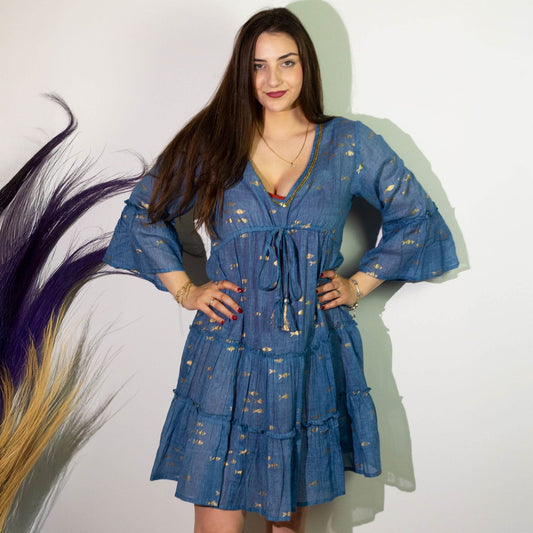 NOMAD SARI ON THE MED - Kleid in Blau und Gold – Goldfisch Motiv - handbemalt L/XL - Kleid - Hauttempel