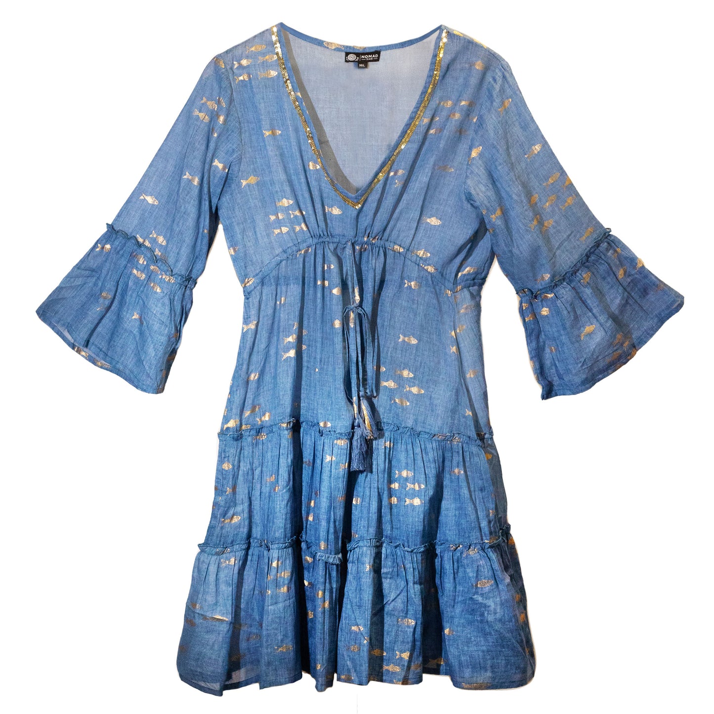 NOMAD SARI ON THE MED - Kleid in Blau und Gold – Goldfisch Motiv - handbemalt M/L