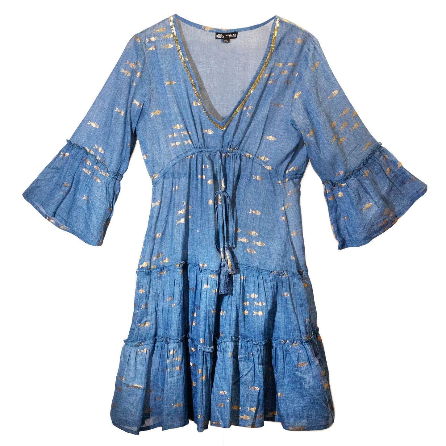NOMAD SARI ON THE MED - Kleid in Blau und Gold – Goldfisch Motiv - handbemalt L/XL - Kleid - Hauttempel