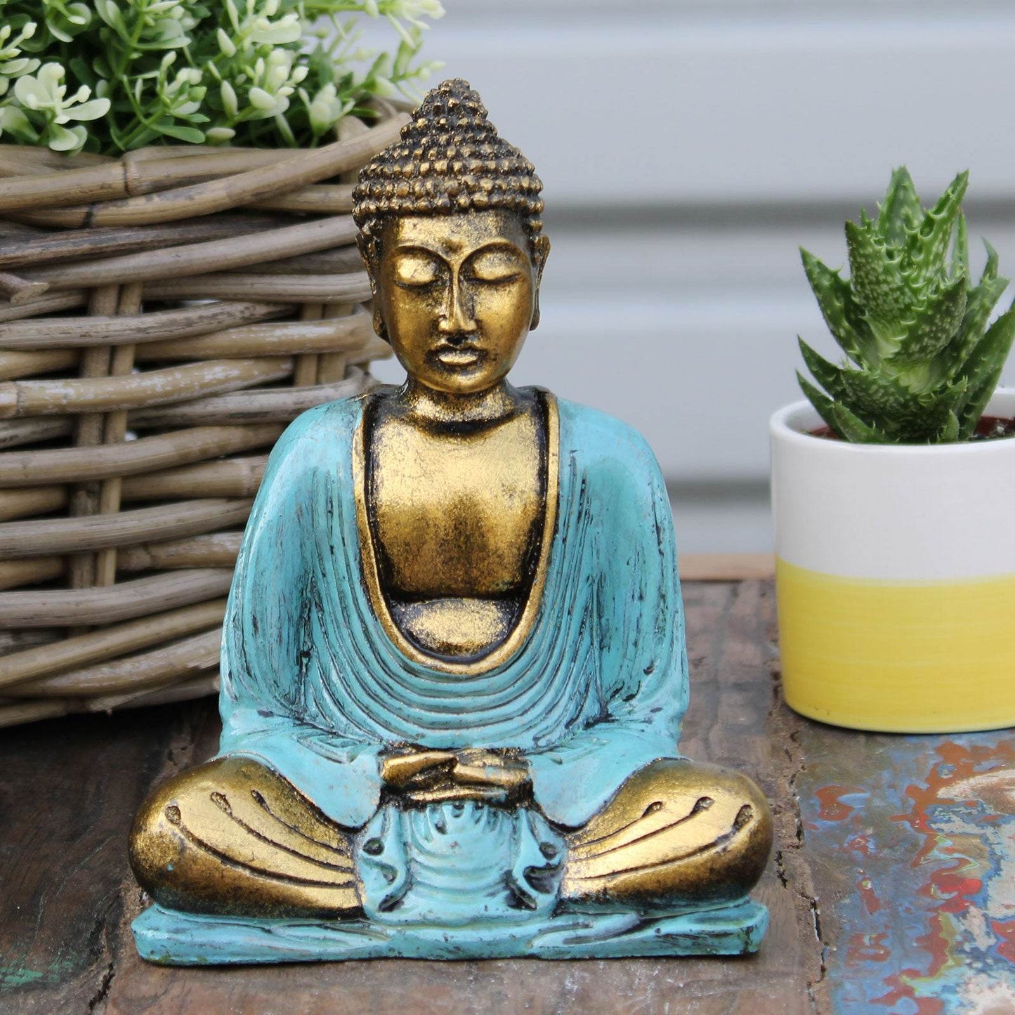 Buddha-Statue - Blaugrün-Gold - mittelgroß - Statuen & Figuren - Hauttempel
