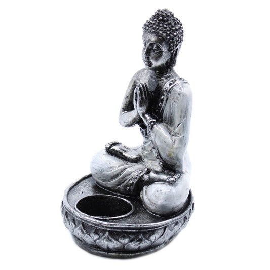 Buddha-Kerzenhalter Statue weiß-silber – Seitenansicht