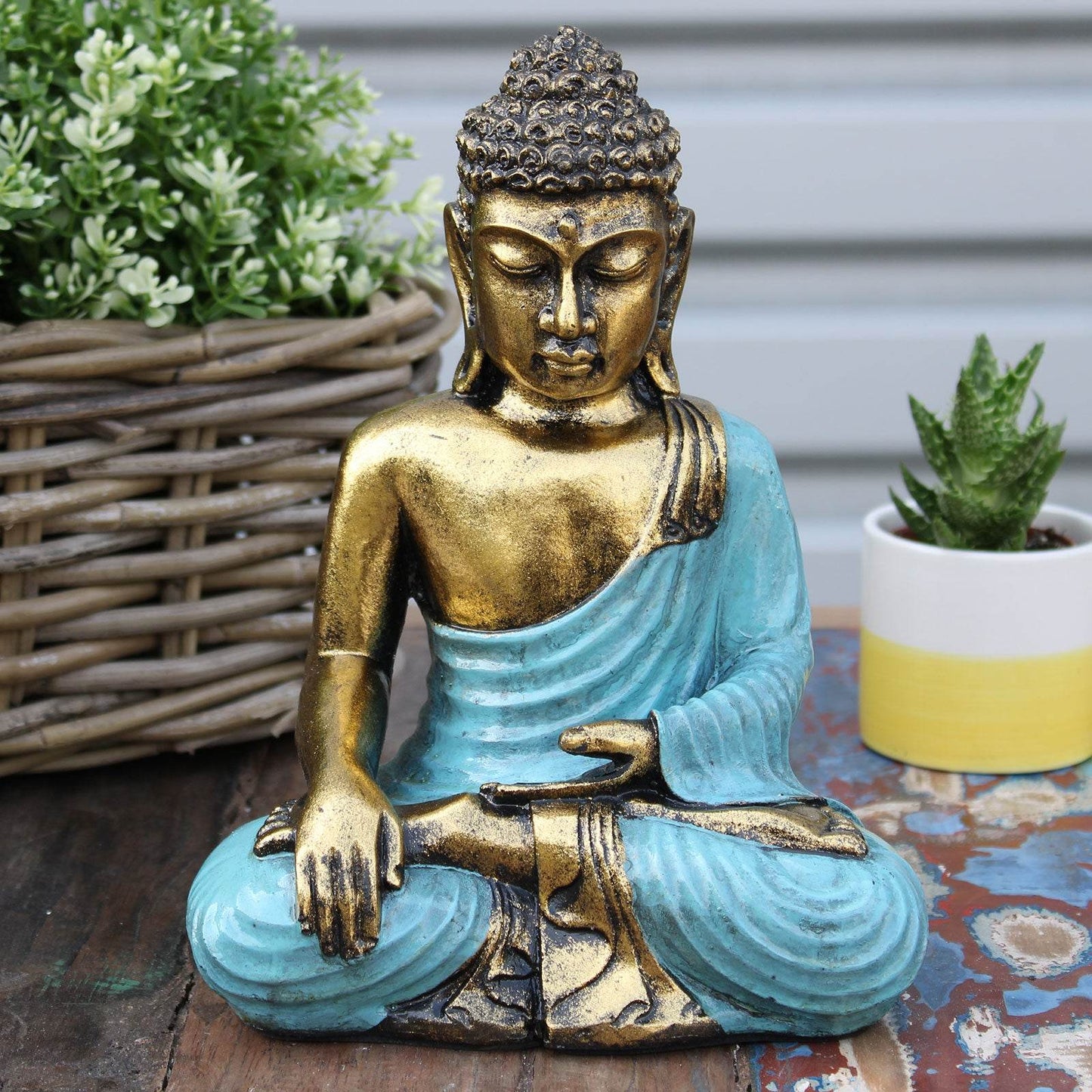 Buddha-Statue - Blaugrün-Gold - groß - Statuen & Figuren - Hauttempel