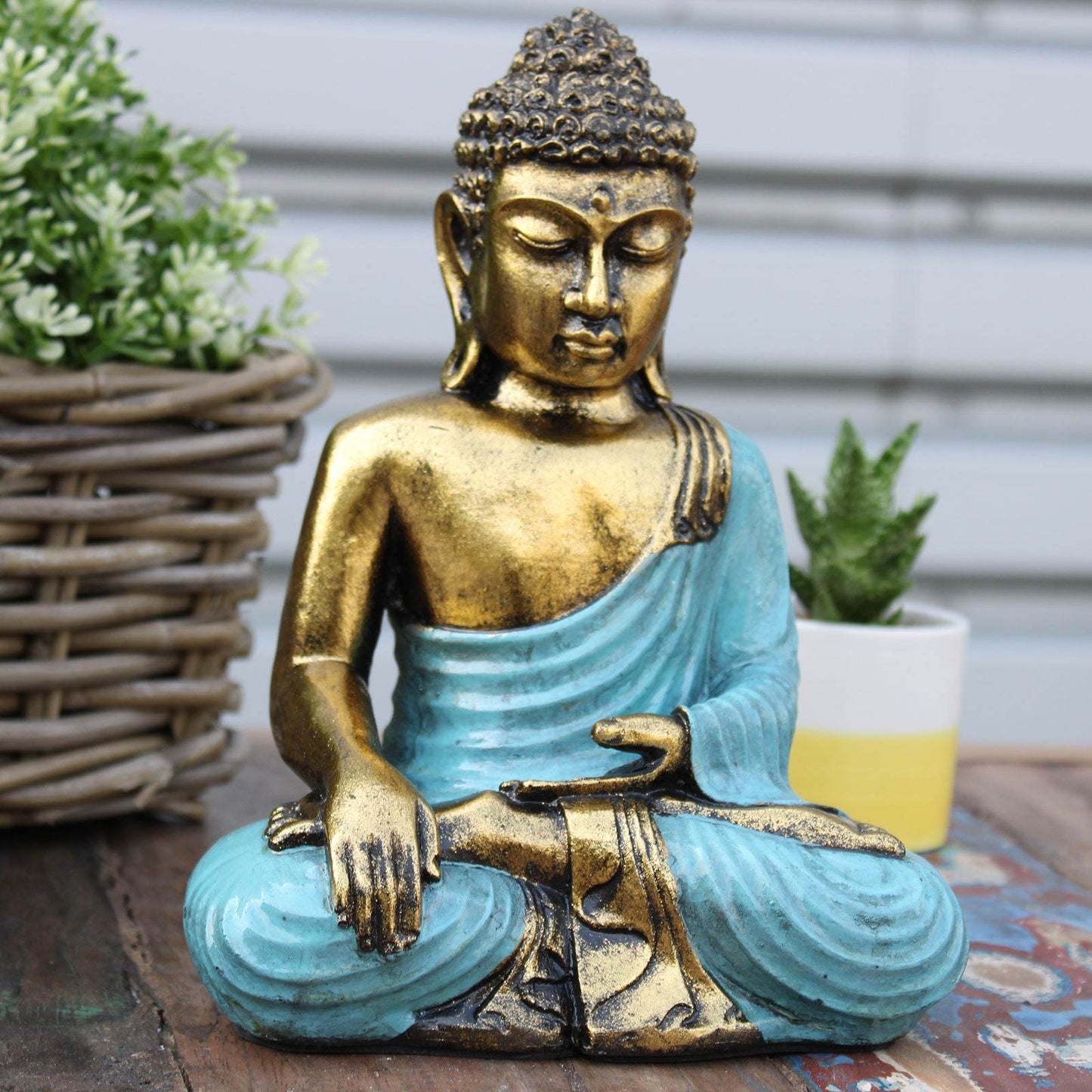 Buddha-Statue - Blaugrün-Gold - groß - Statuen & Figuren - Hauttempel