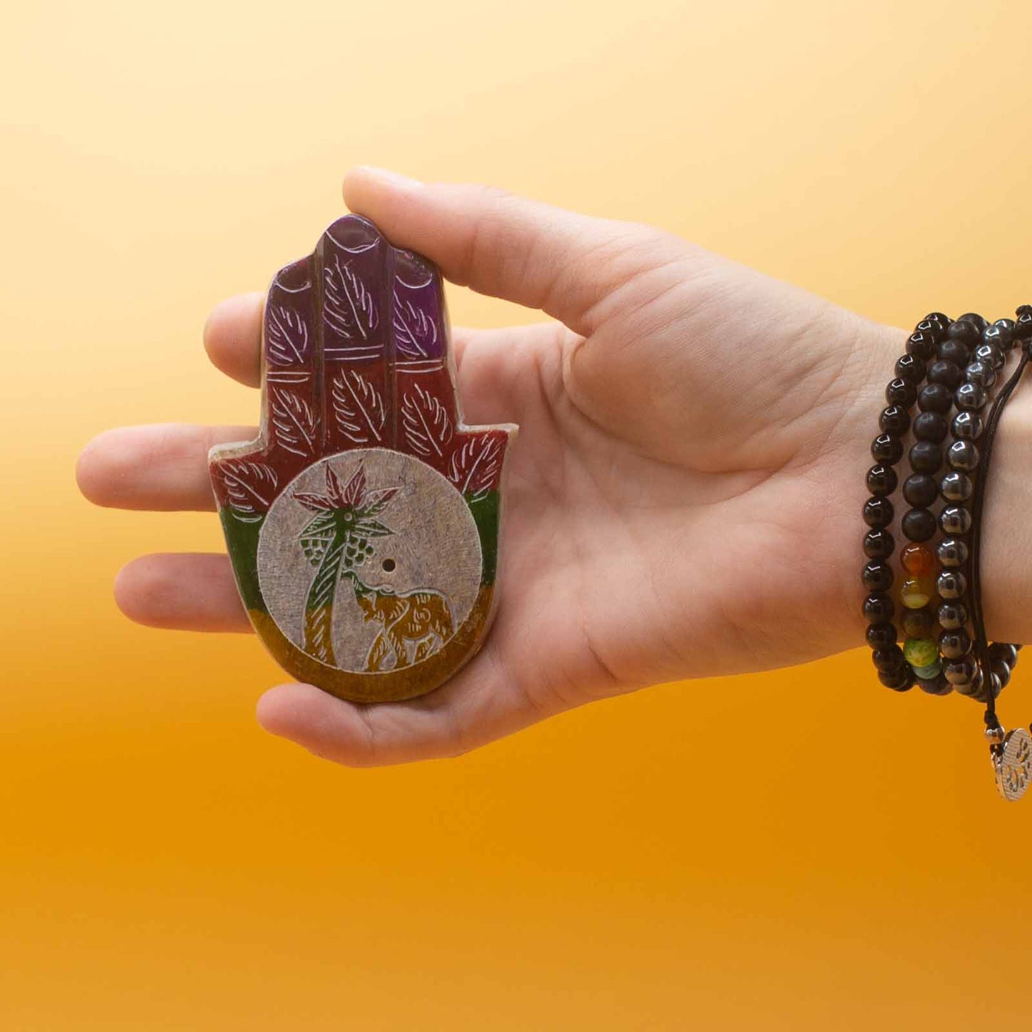 Räucherstäbchenhalter "Hamsa & Elefant & Palme" Speckstein ca. 9x6cm