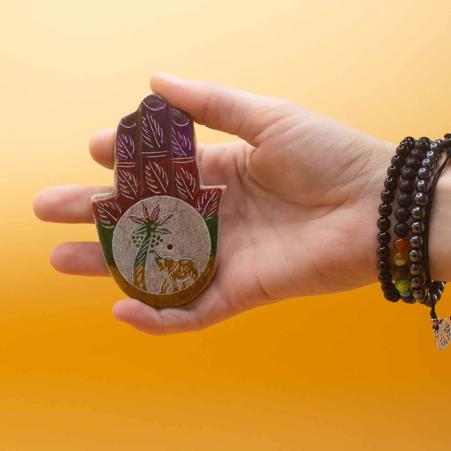 Räucherstäbchen-Halter Speckstein - Hamsa, Elefant & Palme - Räucherstäbchenhalter - Hauttempel