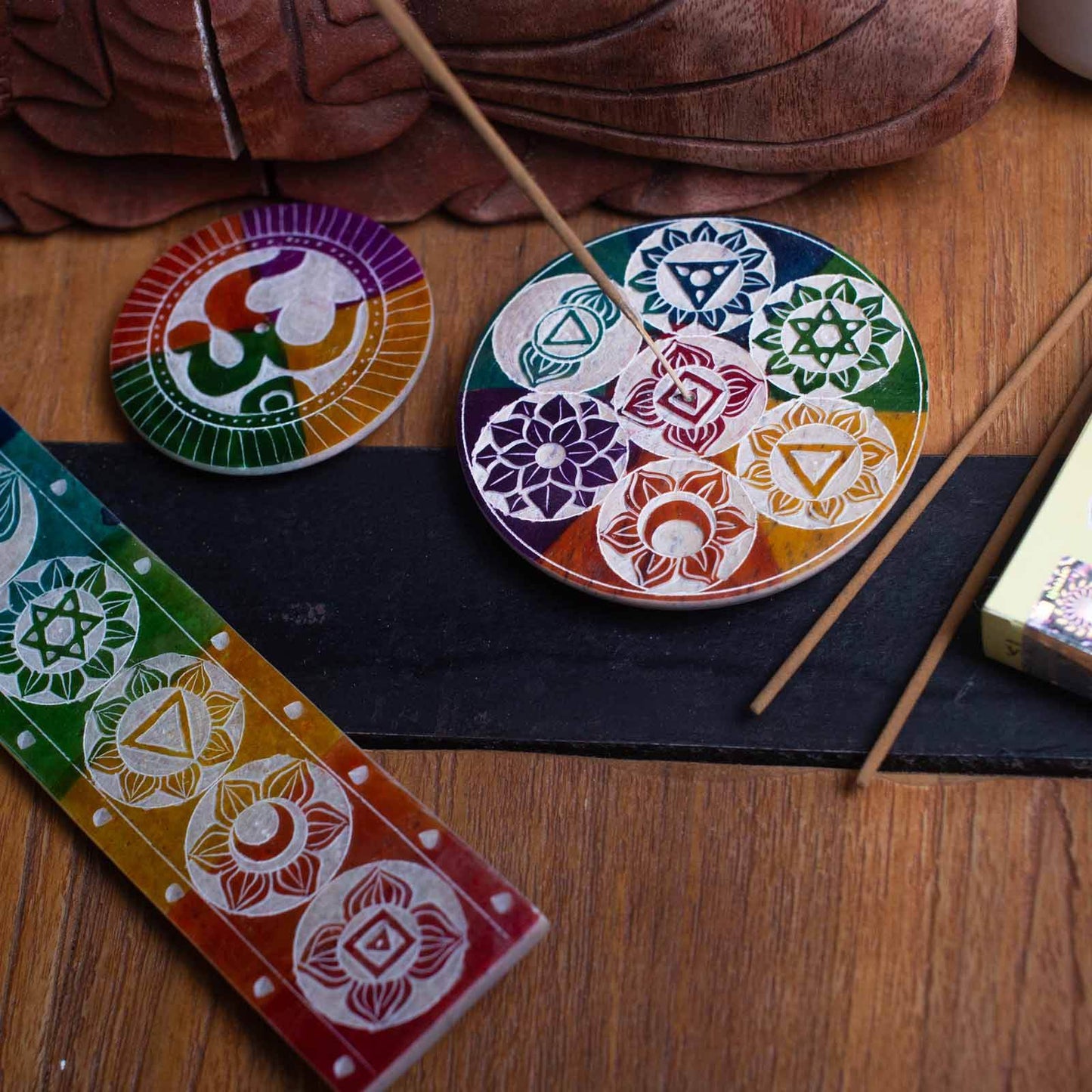 Räucherstäbchen-Halter Speckstein - Hamsa, Elefant & Palme - Räucherstäbchenhalter - Hauttempel