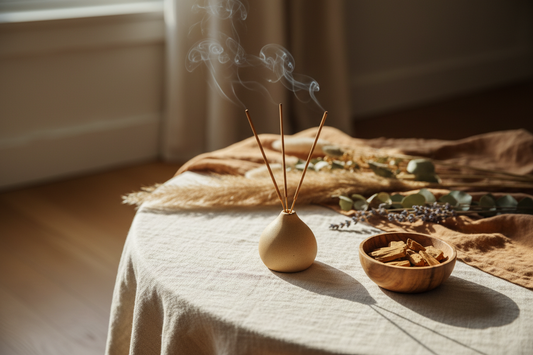 Räucherstäbchen mit Sandelholzduft auf einem gedeckten Tisch mit getrockneten Blumen und warmem Licht