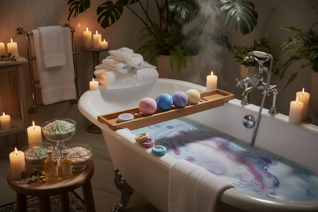 Badewanne mit Badebomben, Salzen, Kerzen - sehr schöne Stimmung.