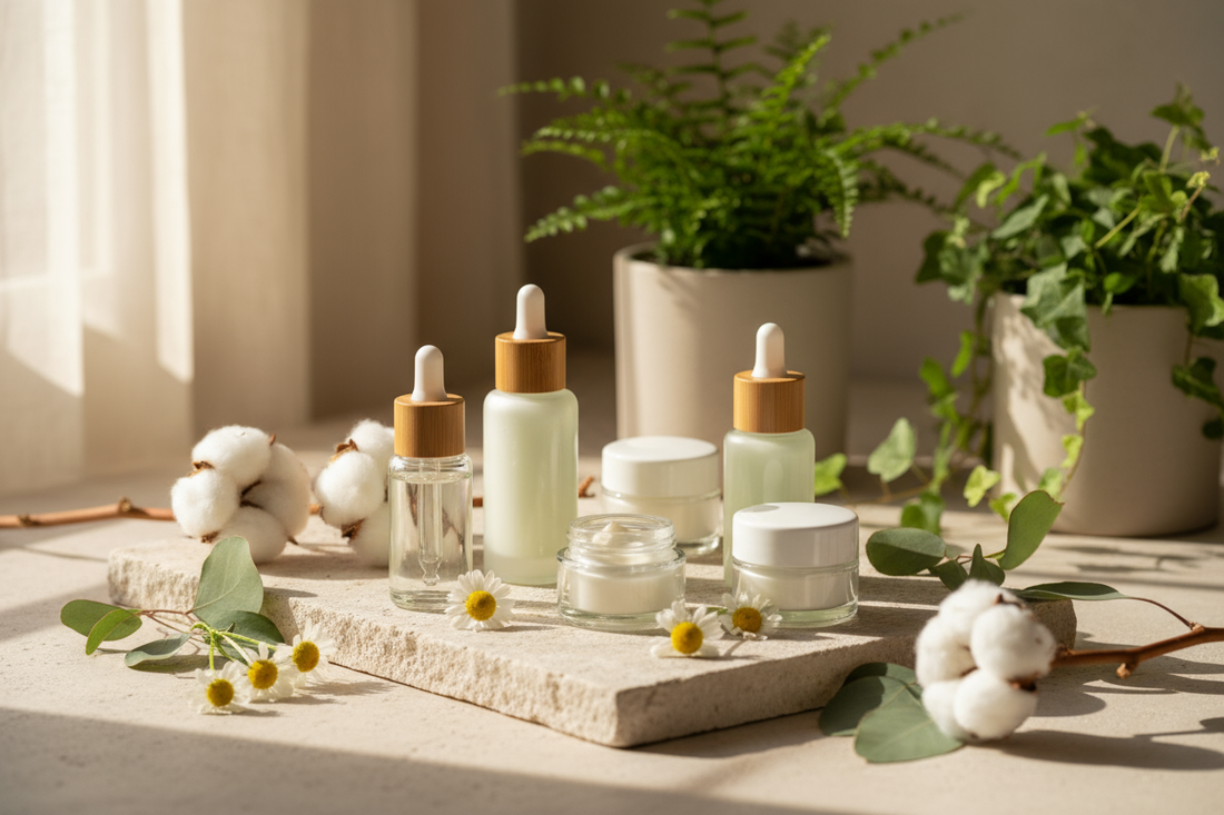 Naturkosmetik-Produkte mit Pflanzenextrakten auf hellem Steinuntergrund