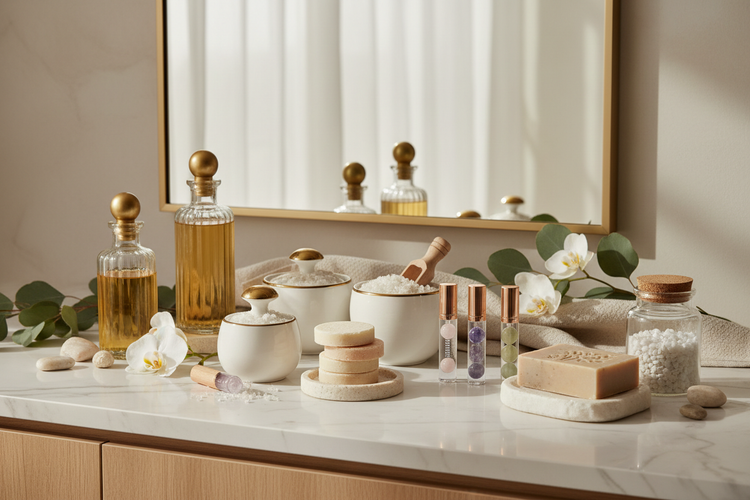 Badeöle, Badesalze, Duschdampfer, Seifen, Edelstein-Roll-On & Riechsalze