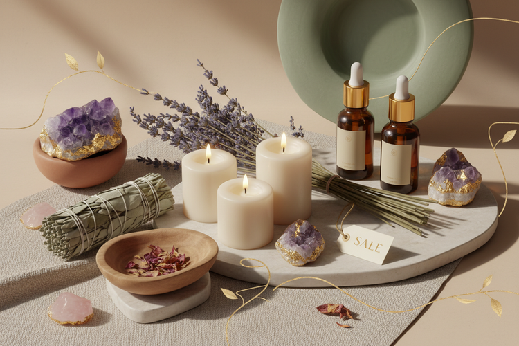 Elegantes und harmonisches Sale-Bild für einen spirituellen Naturkosmetik-Shop, mit Kerzen, Kräutern, Edelsteinen und ätherischen Ölen, sanften Lichtreflexen, organischen Formen, goldenen Akzenten und dezentem Sale-Hinweis – luxuriös, warm und einladend.