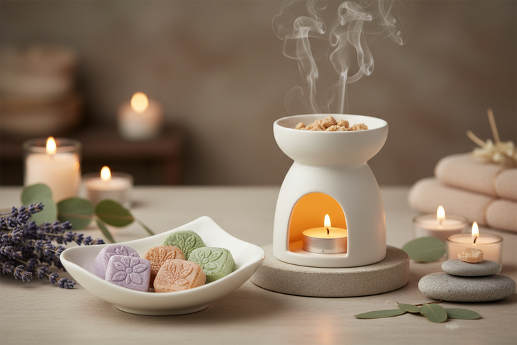 Duftwachsmelts & Köchelgranulat imn einer Duftöllampe stilvoll arrangiert