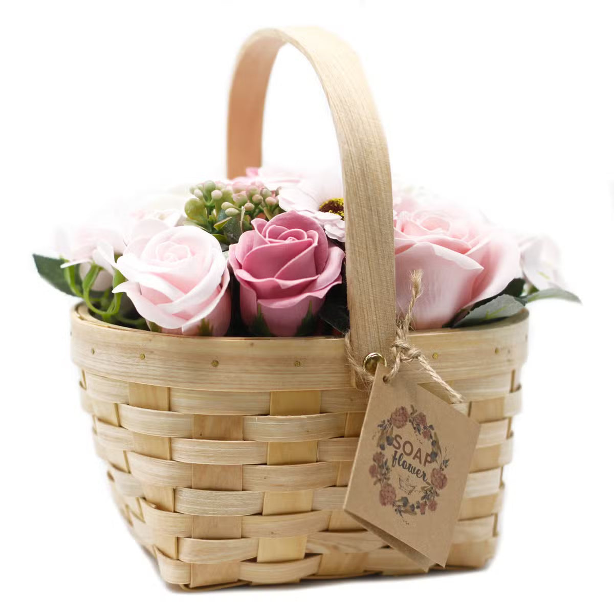 Seifenblumen Geschenk-Korb groß mit rosa Rosen im Weidenkorb, Freisteller