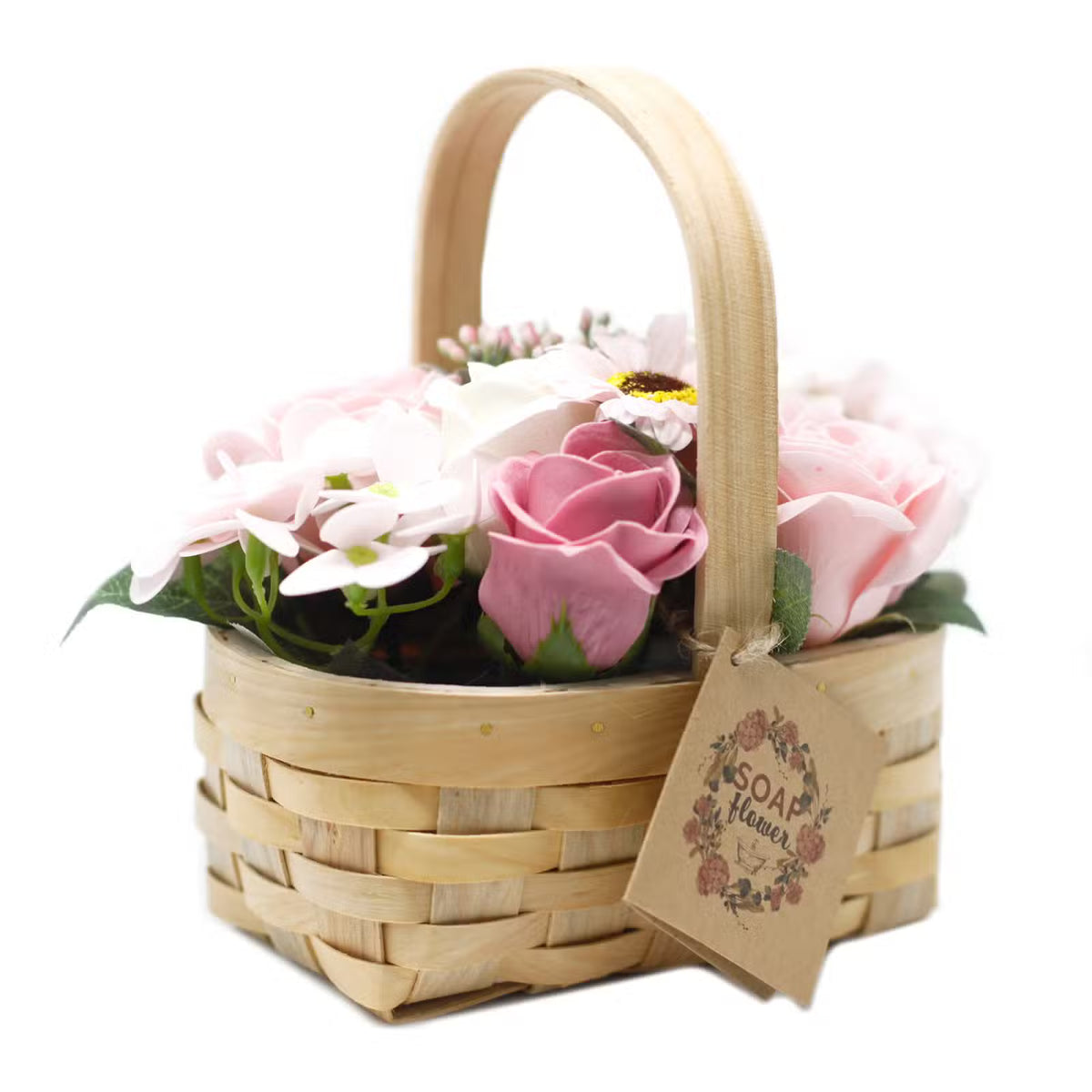 Seifenblumen Geschenk-Korb mittel mit rosa Rosen im Weidenkorb, Freisteller