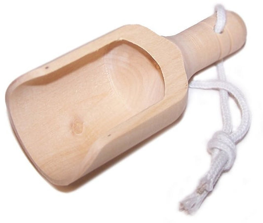 Mini-Holzschaufel (ca. 9 cm) aus hellem Hemu‑Holz – praktisch für Badesalze oder Kosmetik‑Granulate.