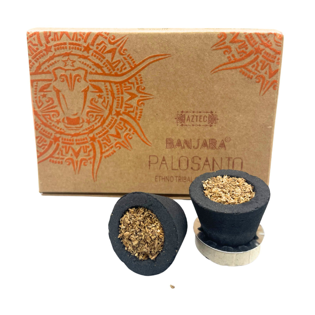 Räucherbecher Palo Santo Banjara Harzbecher – Verpackung stehend mit Räucherbecher im Halter und verstreutem Harz, Freisteller