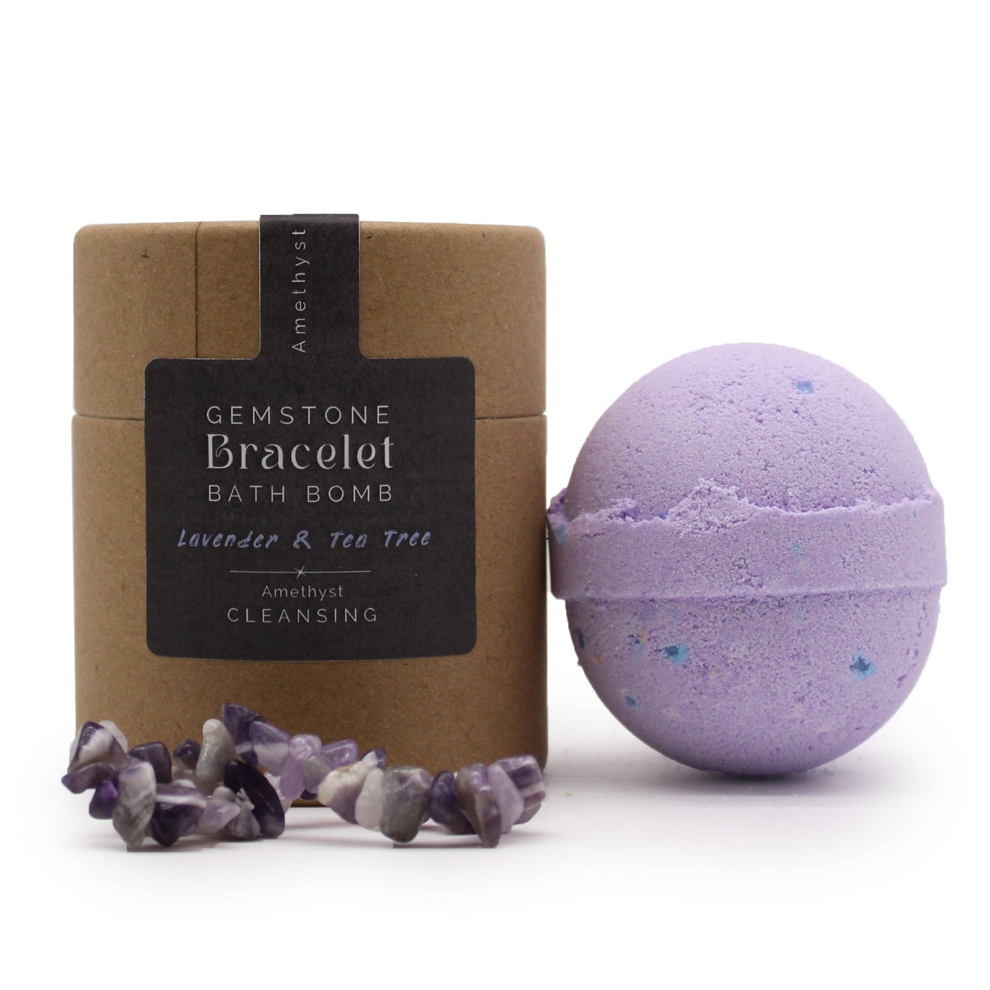 Badebombe mit Edelsteinarmband Amethyst – Verpackung mit Badebombe und Armband